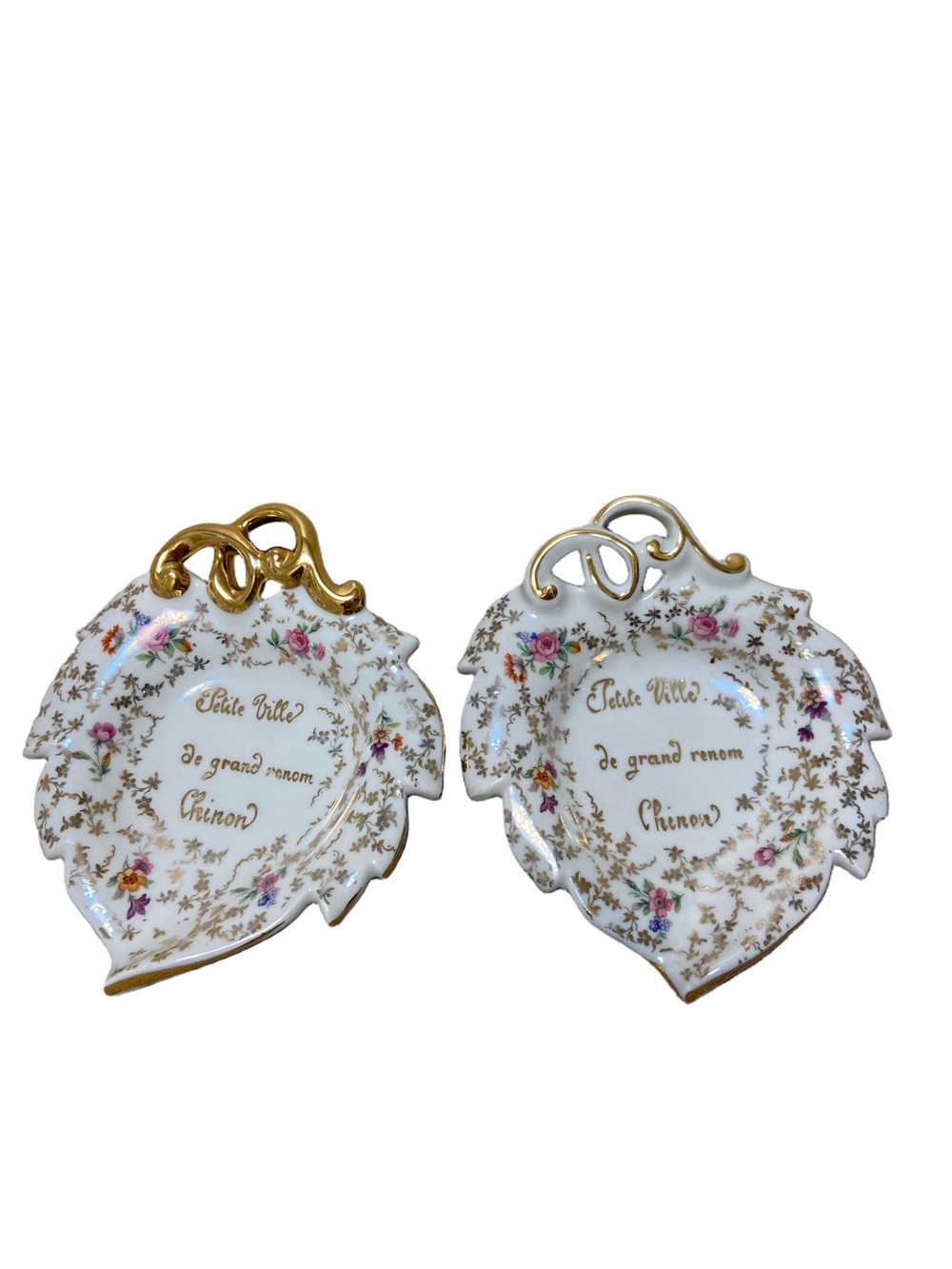 Vintage French Limoges Porcelain Leaf Trinket Dishes Set of 2 Chinon Gold